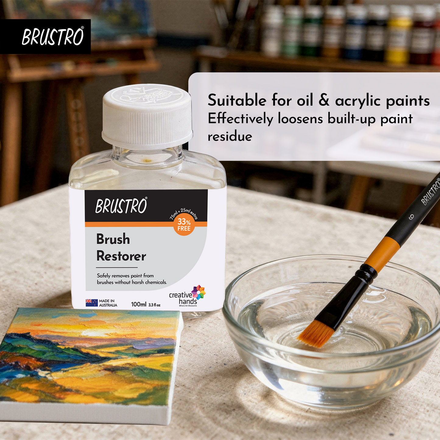Brustro Brush Restorer | 100 ml (75ml+25ml Free), Non- Toxic, Plant-Based | Ideal for Natural and Synthetic Bristles, Oil and Acrylic Paints, Professional Artists and Fine Art Students