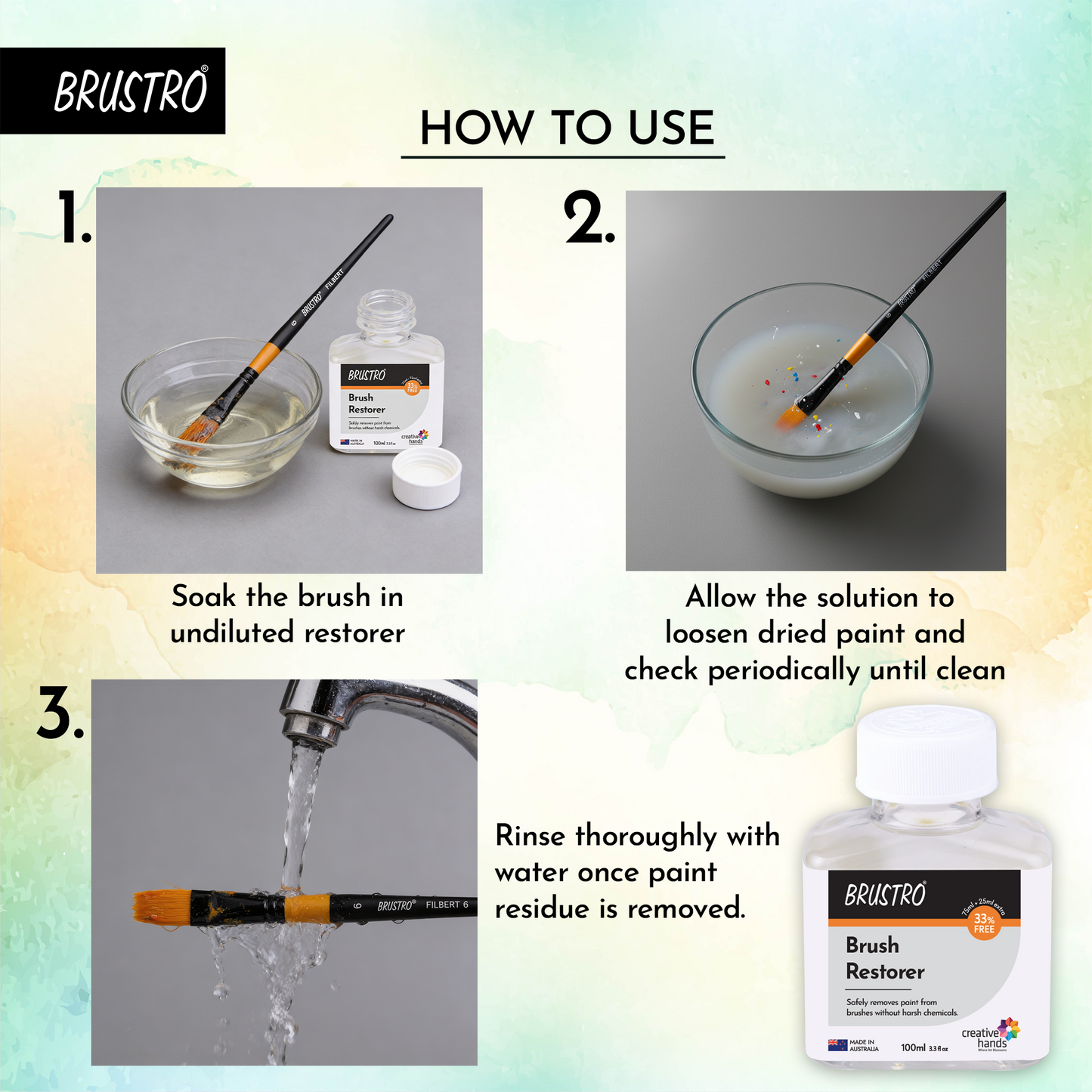 Brustro Brush Restorer | 100 ml (75ml+25ml Free), Non- Toxic, Plant-Based | Ideal for Natural and Synthetic Bristles, Oil and Acrylic Paints, Professional Artists and Fine Art Students