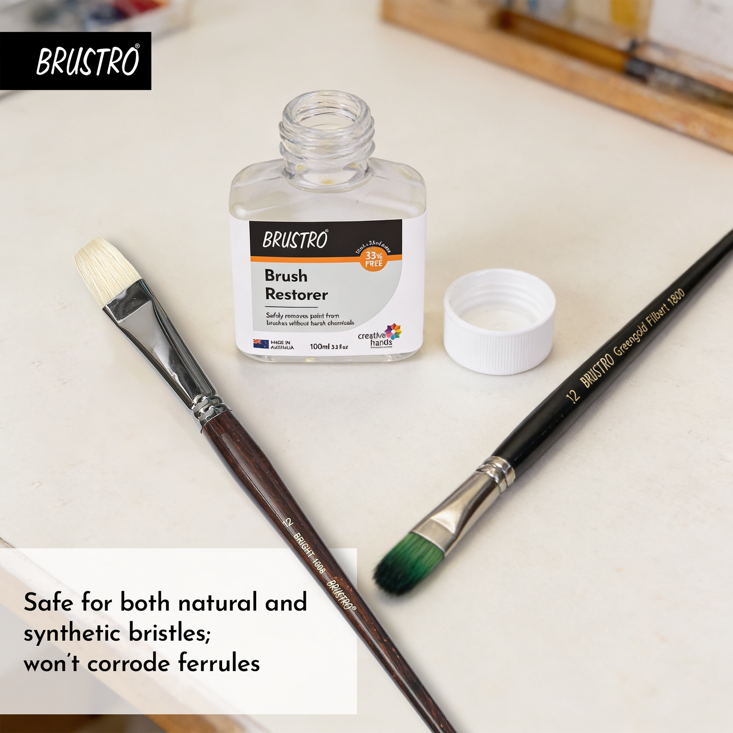 Brustro Brush Restorer | 100 ml (75ml+25ml Free), Non- Toxic, Plant-Based | Ideal for Natural and Synthetic Bristles, Oil and Acrylic Paints, Professional Artists and Fine Art Students