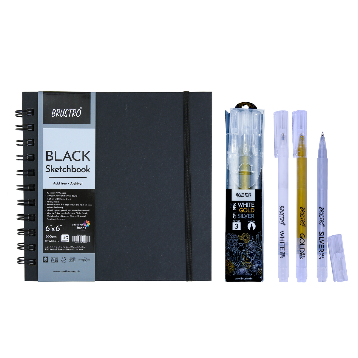 Brustro Wiro Bound Black Sketchbook, 200 GSM, 40 Sheets, 6x6 Inches With Assorted Gel Pen, Set of 3, 1mm Metal Tip (White, Gold and Silver), Opaque Viscous Ink| Ideal for Drawing, Sketching, Colouring
