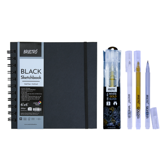 Brustro Wiro Bound Black Sketchbook, 200 GSM, 40 Sheets, 6x6 Inches With Assorted Gel Pen, Set of 3, 1mm Metal Tip (White, Gold and Silver), Opaque Viscous Ink| Ideal for Drawing, Sketching, Colouring