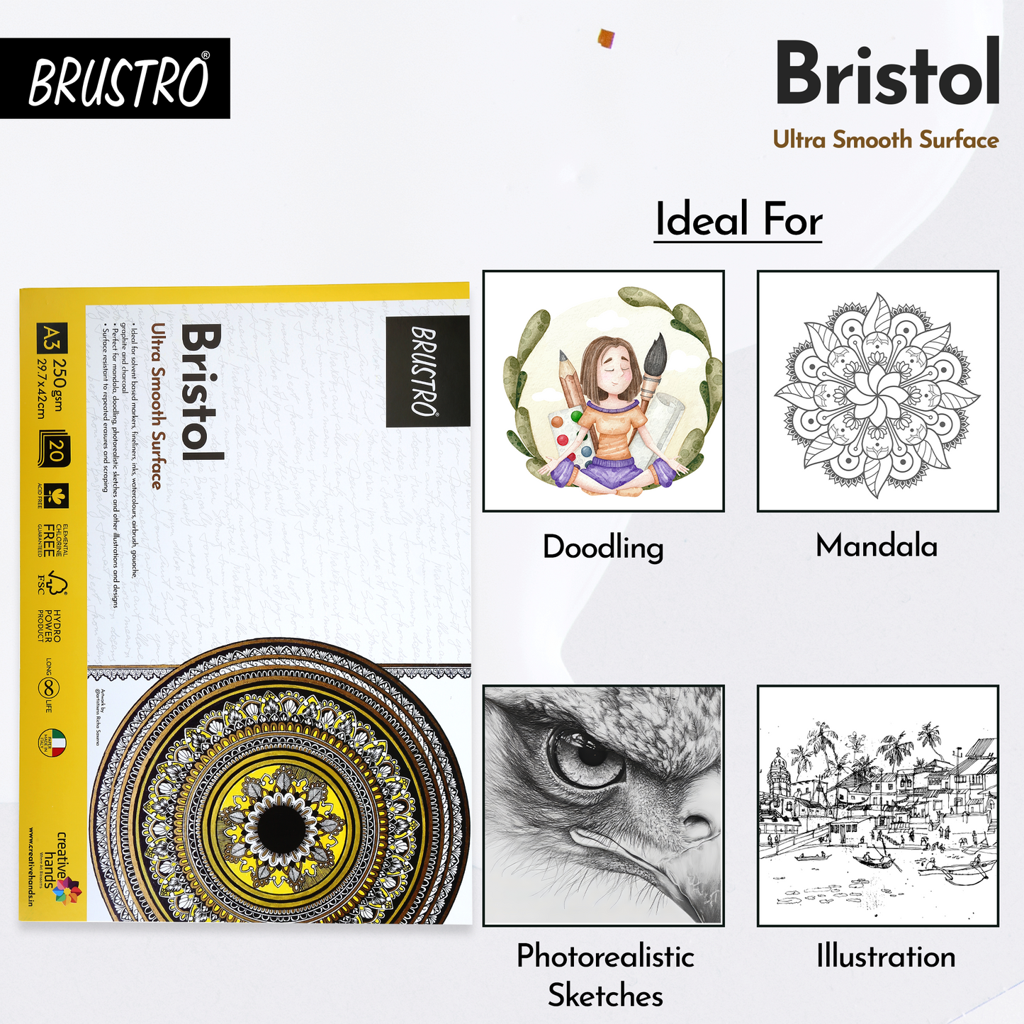 BRUSTRO Bristol Ultra Smooth Glued Pad 250 GSM , A3 - 20 Sheets