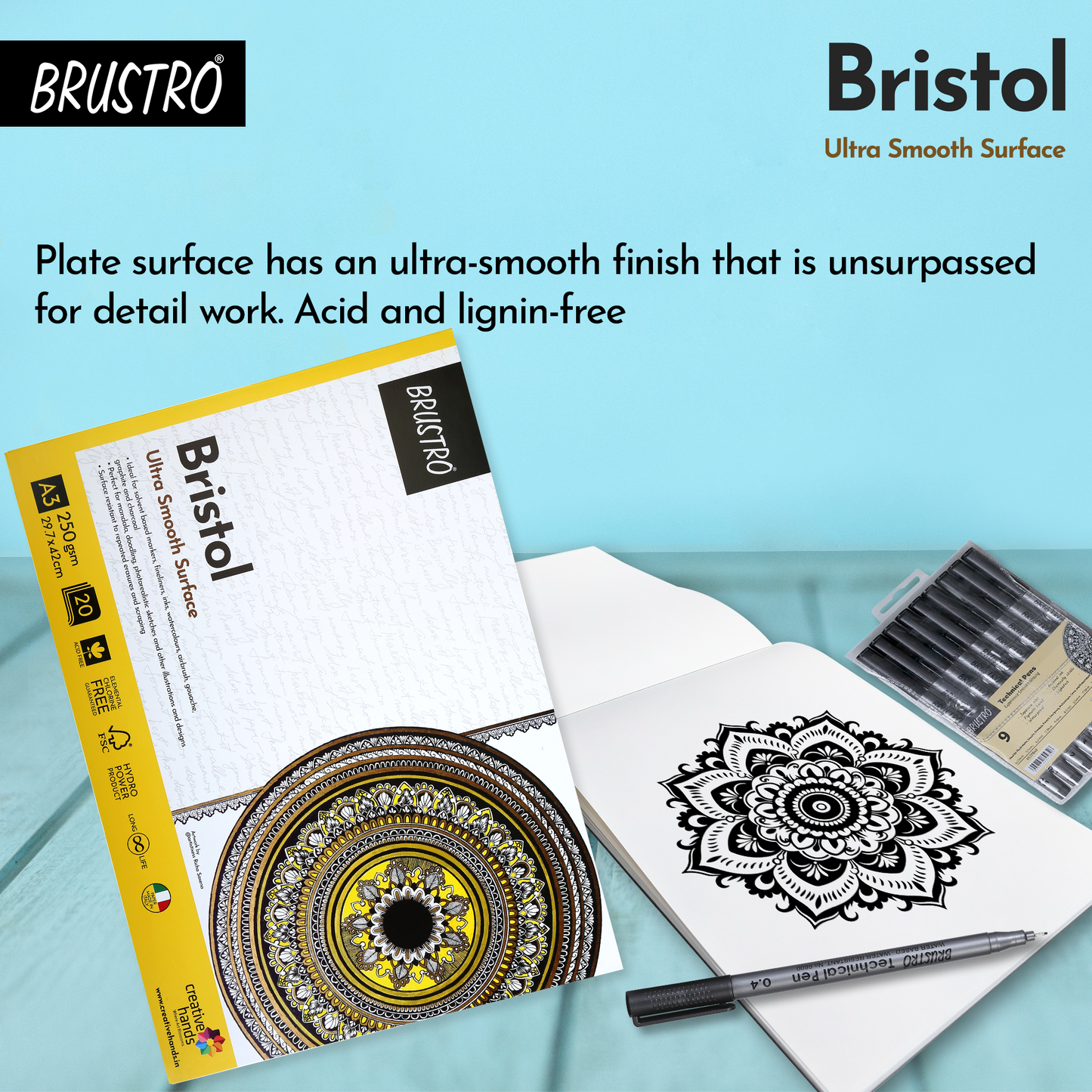 BRUSTRO Bristol Ultra Smooth Glued Pad 250 GSM , A3 - 20 Sheets
