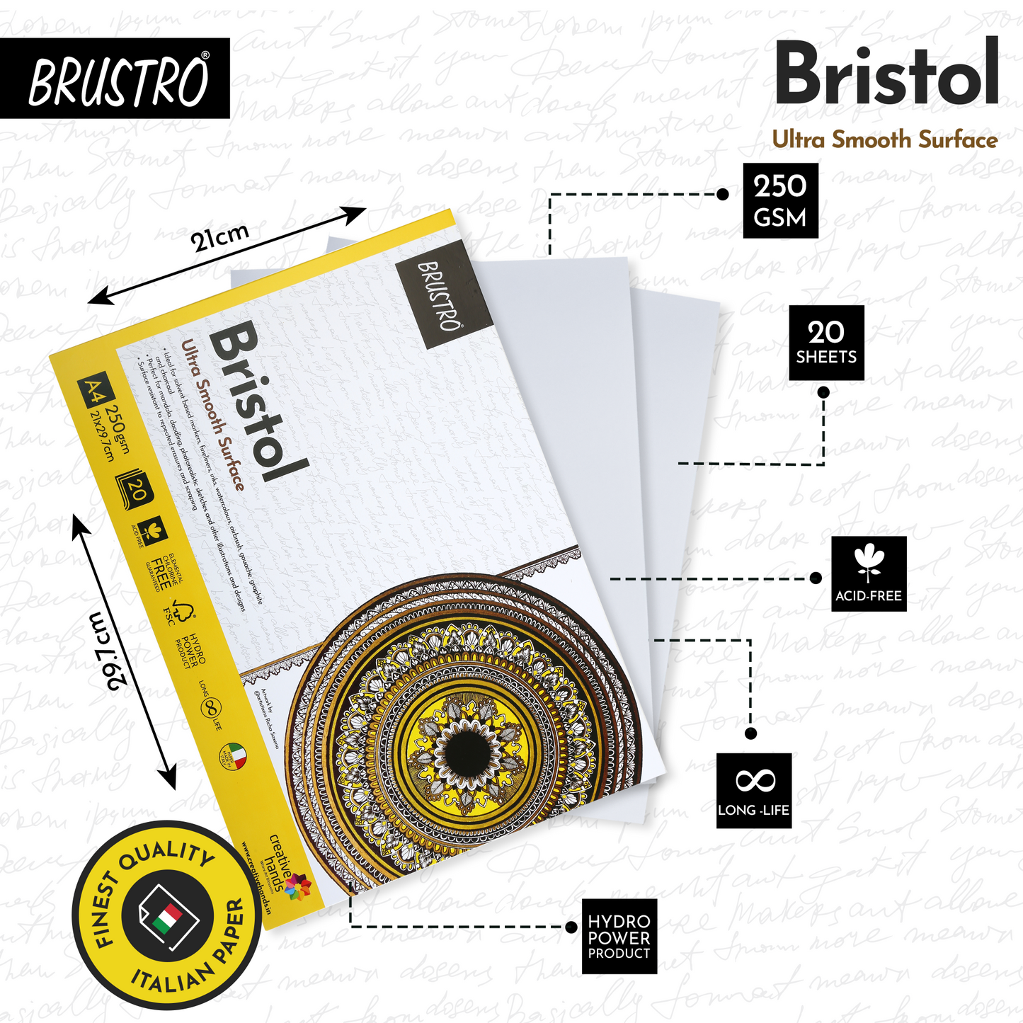 BRUSTRO Bristol Ultra Smooth Glued Pad 250 GSM A4-20 Sheets
