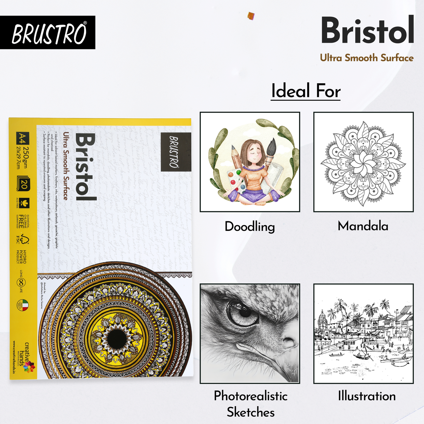 BRUSTRO Bristol Ultra Smooth Glued Pad 250 GSM A4-20 Sheets