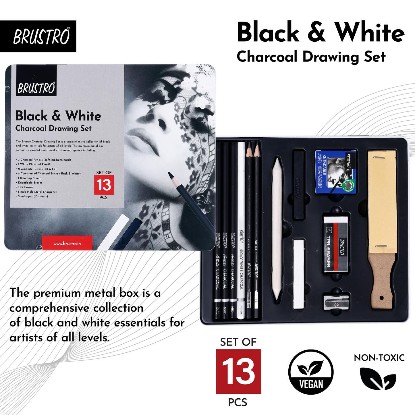 BRUSTRO Black and White Charcoal Drawing Set of 13 Pcs in a Metal Box| Ideal For Sketching, Shading, Blending, Illustration, Portraits, Landscape and Fine Arts