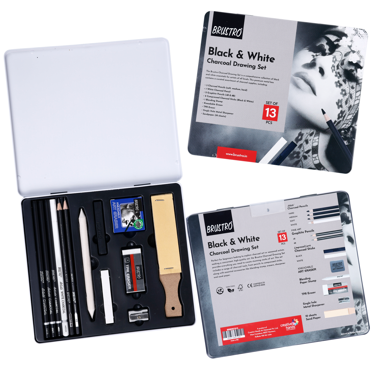 BRUSTRO Black and White Charcoal Drawing Set of 13 Pcs in a Metal Box| Ideal For Sketching, Shading, Blending, Illustration, Portraits, Landscape and Fine Arts