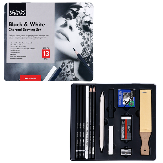 BRUSTRO Black and White Charcoal Drawing Set of 13 Pcs in a Metal Box| Ideal For Sketching, Shading, Blending, Illustration, Portraits, Landscape and Fine Arts