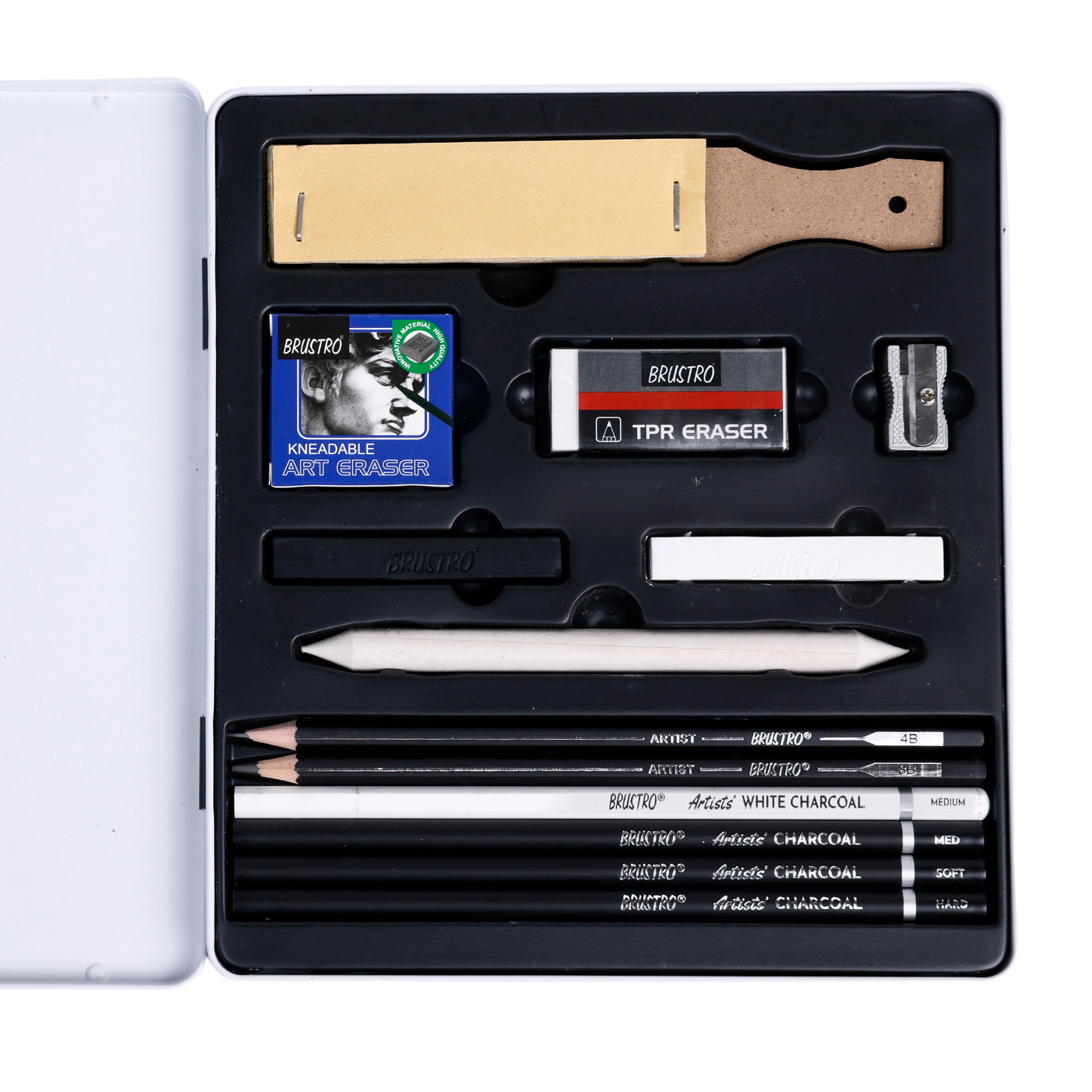 BRUSTRO Black and White Charcoal Drawing Set of 13 Pcs in a Metal Box| Ideal For Sketching, Shading, Blending, Illustration, Portraits, Landscape and Fine Arts