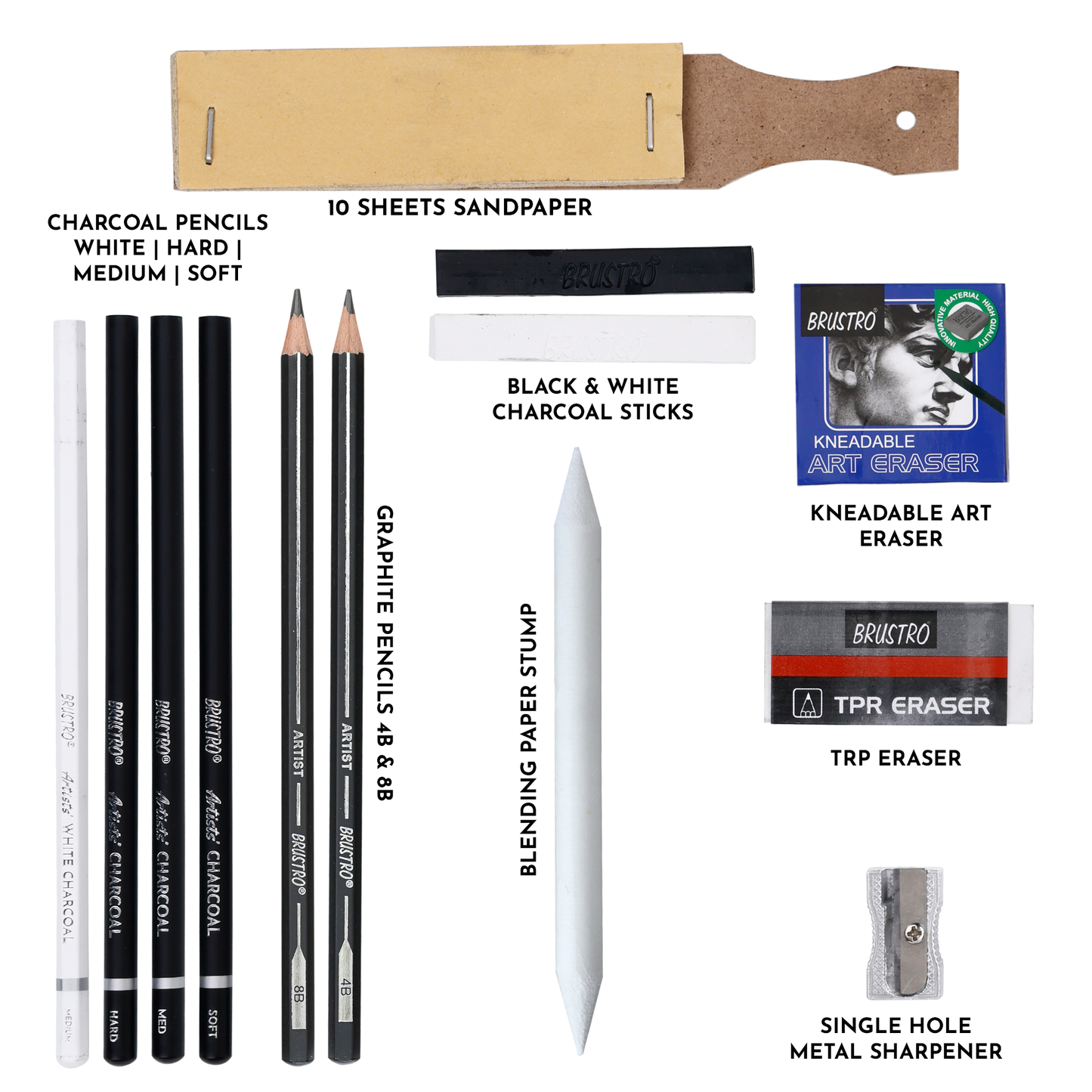 BRUSTRO Black and White Charcoal Drawing Set of 13 Pcs in a Metal Box| Ideal For Sketching, Shading, Blending, Illustration, Portraits, Landscape and Fine Arts