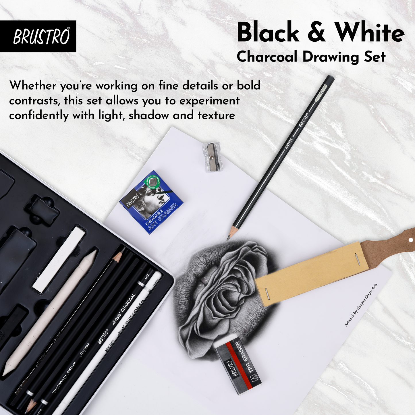 BRUSTRO Black and White Charcoal Drawing Set of 13 Pcs in a Metal Box| Ideal For Sketching, Shading, Blending, Illustration, Portraits, Landscape and Fine Arts