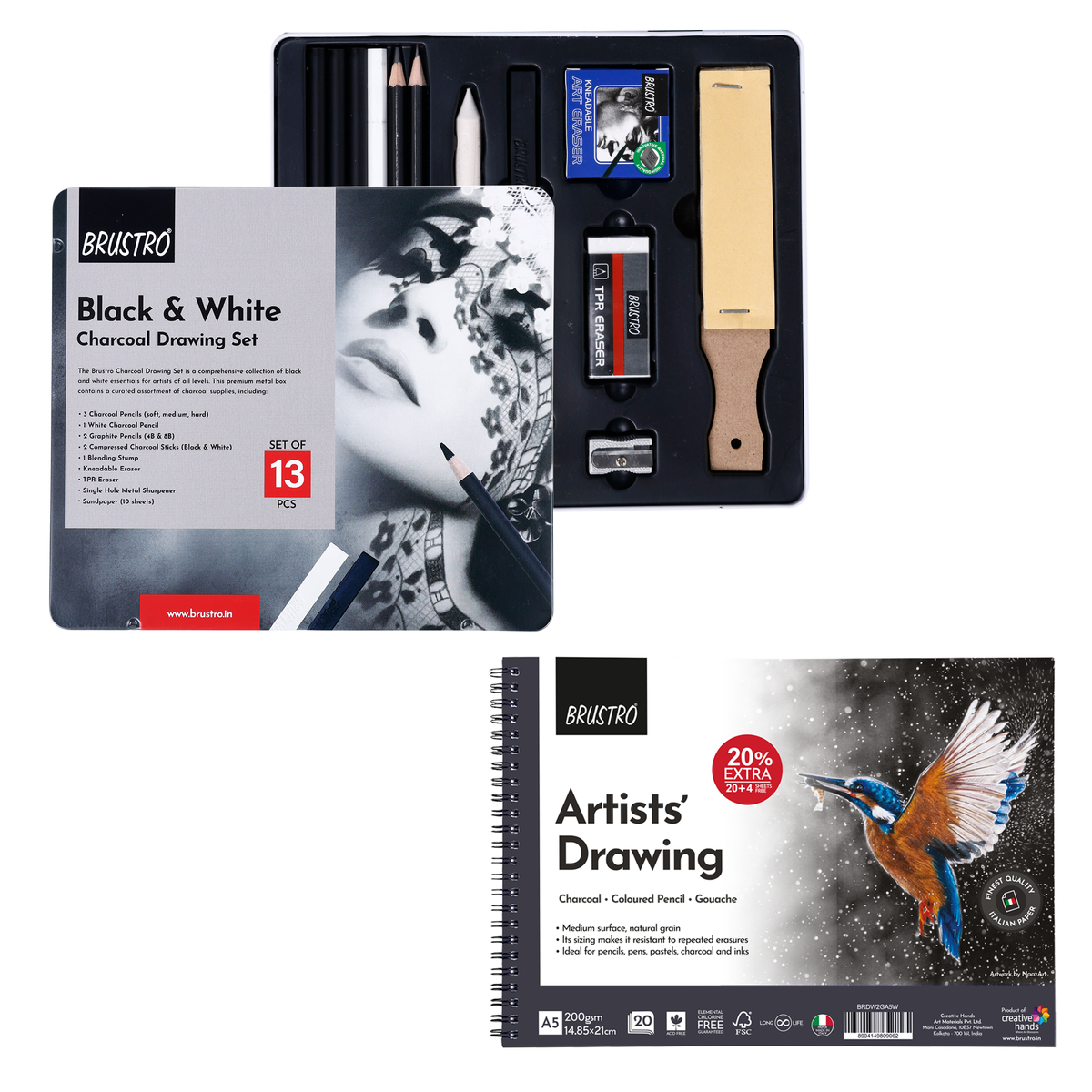 BRUSTRO Black & White Charcoal Set of 13 Pcs in a Metal Box With Artist's Drawing Wiro Pad, 200 GSM, A5, 24 Sheets