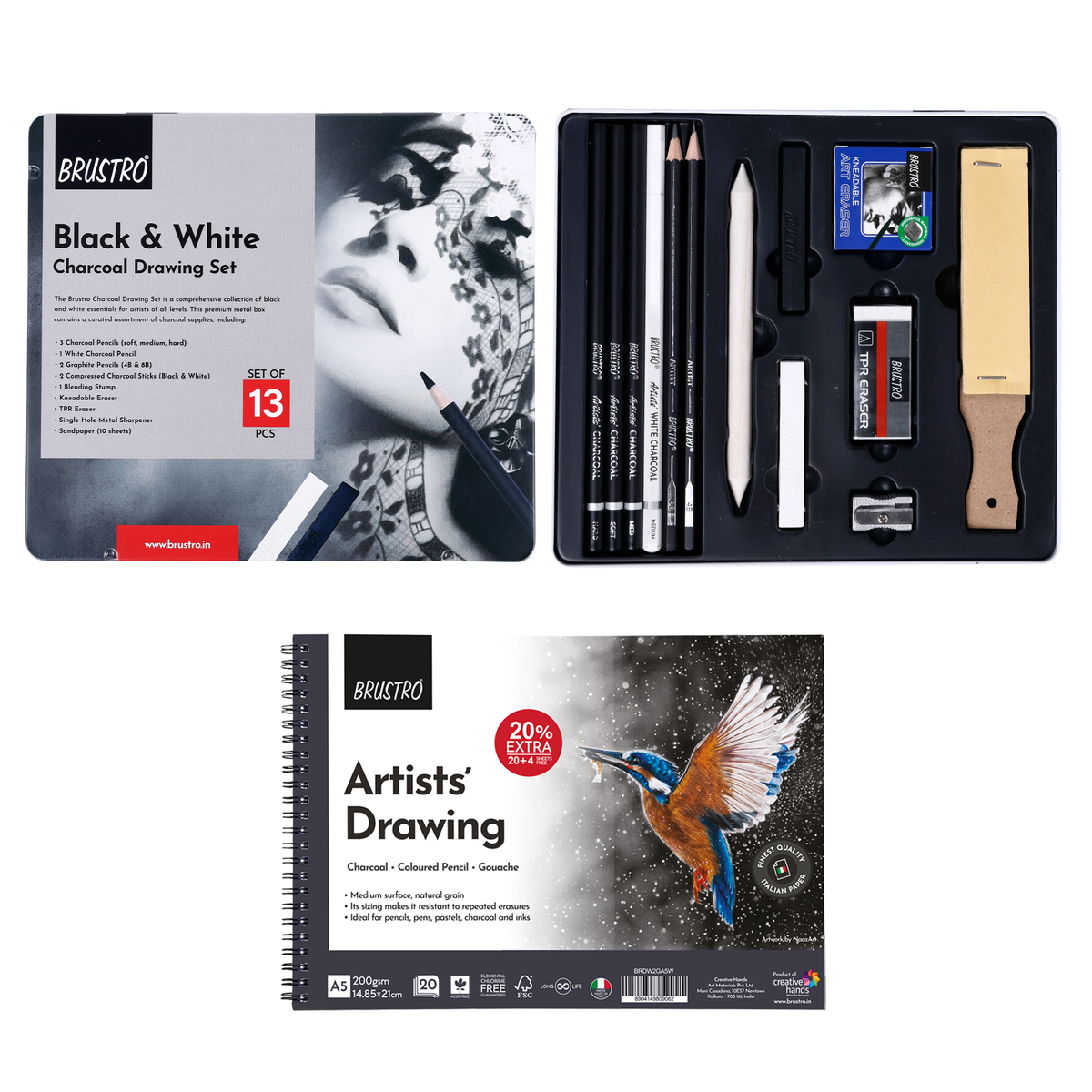BRUSTRO Black & White Charcoal Set of 13 Pcs in a Metal Box With Artist's Drawing Wiro Pad, 200 GSM, A5, 24 Sheets