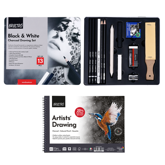 BRUSTRO Black & White Charcoal Set of 13 Pcs in a Metal Box With Artist's Drawing Wiro Pad, 200 GSM, A5, 24 Sheets