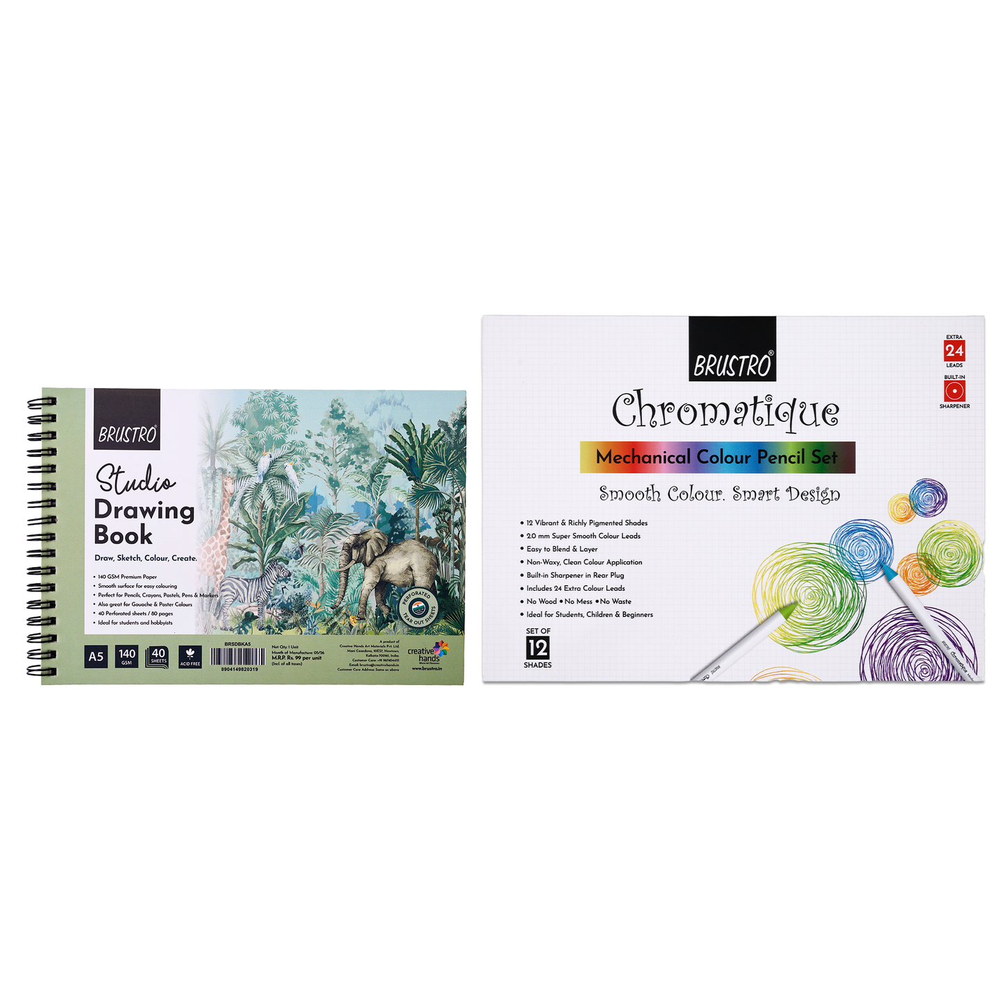 BRUSTRO Chromatique Mechanical Colour Pencil - 2mm, Set of 12 Shades With Studio Drawing Book, Blank 80 Pages, Wiro Bound, A5 (5.8x8.3 inches), 140 GSM, Perforated Sheets, Acid-Free Paper