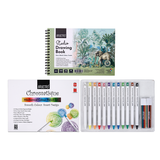 BRUSTRO Chromatique Mechanical Colour Pencil - 2mm, Set of 12 Shades With Studio Drawing Book, Blank 80 Pages, Wiro Bound, A5 (5.8x8.3 inches), 140 GSM, Perforated Sheets, Acid-Free Paper