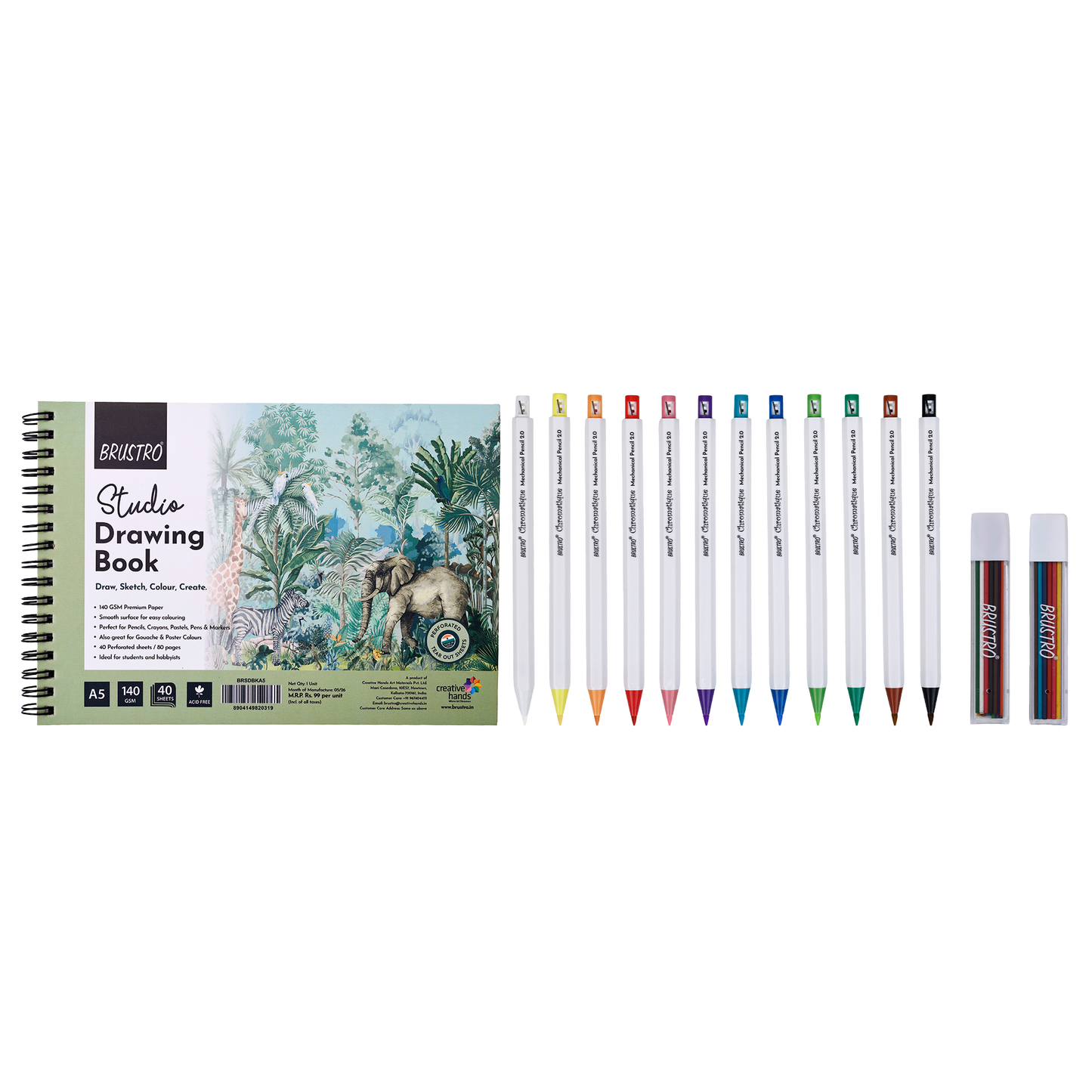 BRUSTRO Chromatique Mechanical Colour Pencil - 2mm, Set of 12 Shades With Studio Drawing Book, Blank 80 Pages, Wiro Bound, A5 (5.8x8.3 inches), 140 GSM, Perforated Sheets, Acid-Free Paper