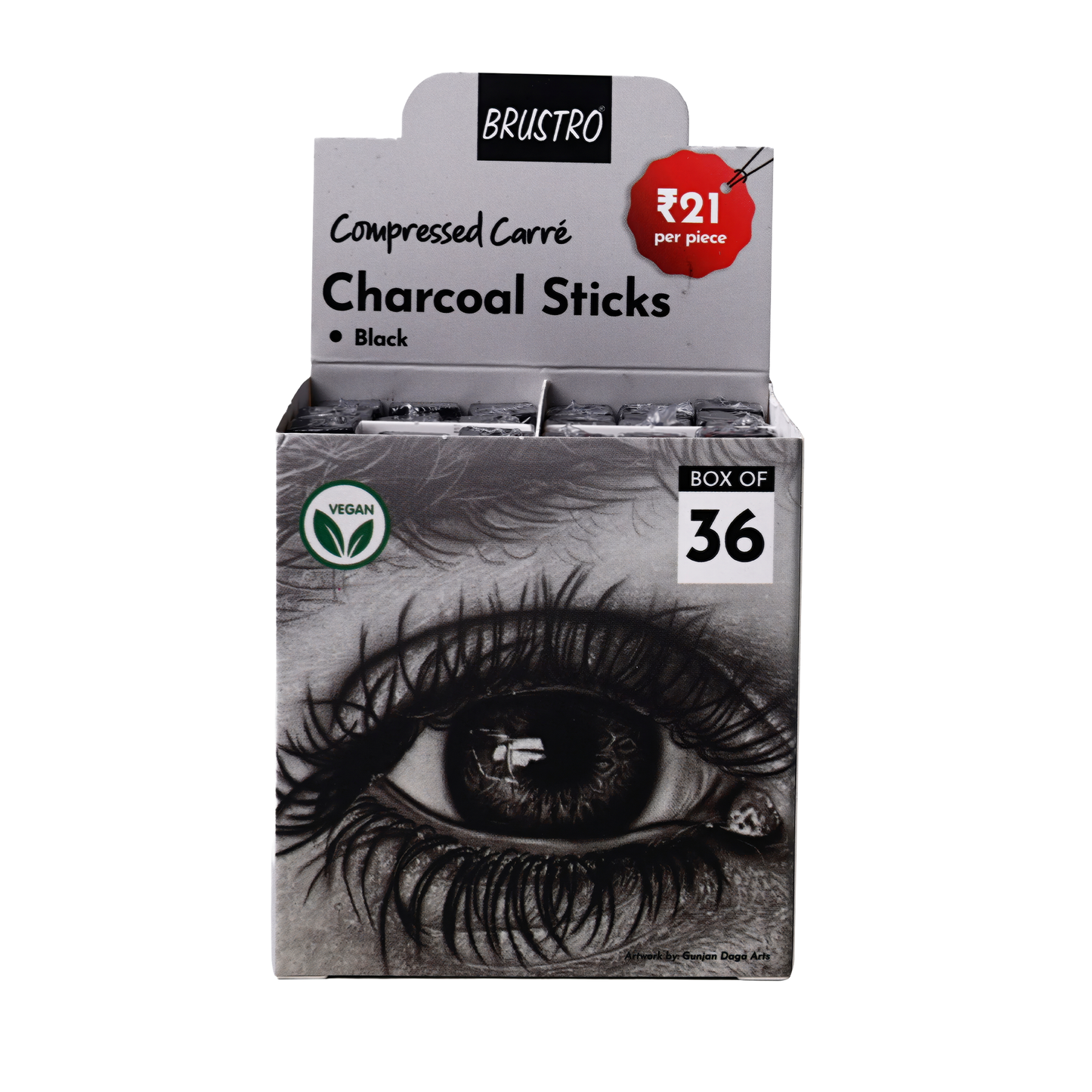 BRUSTRO Compressed Carre Charcoal Sticks, Box of 36 (Black) | Ideal for Portrait Charcoal Art, Sketching, Shading, Blending, Drawing, Craft, Professional use.