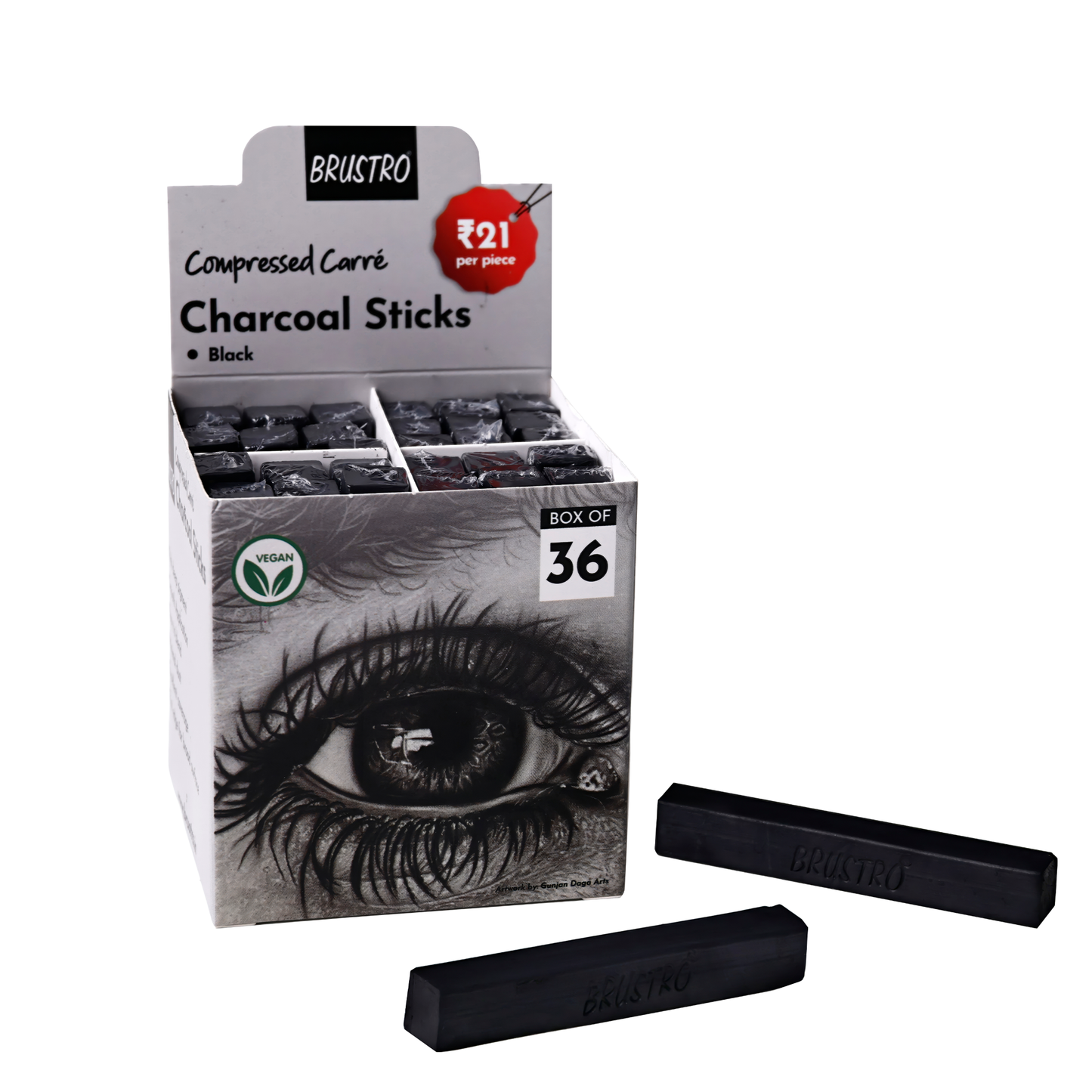 BRUSTRO Compressed Carre Charcoal Sticks, Box of 36 (Black) | Ideal for Portrait Charcoal Art, Sketching, Shading, Blending, Drawing, Craft, Professional use.