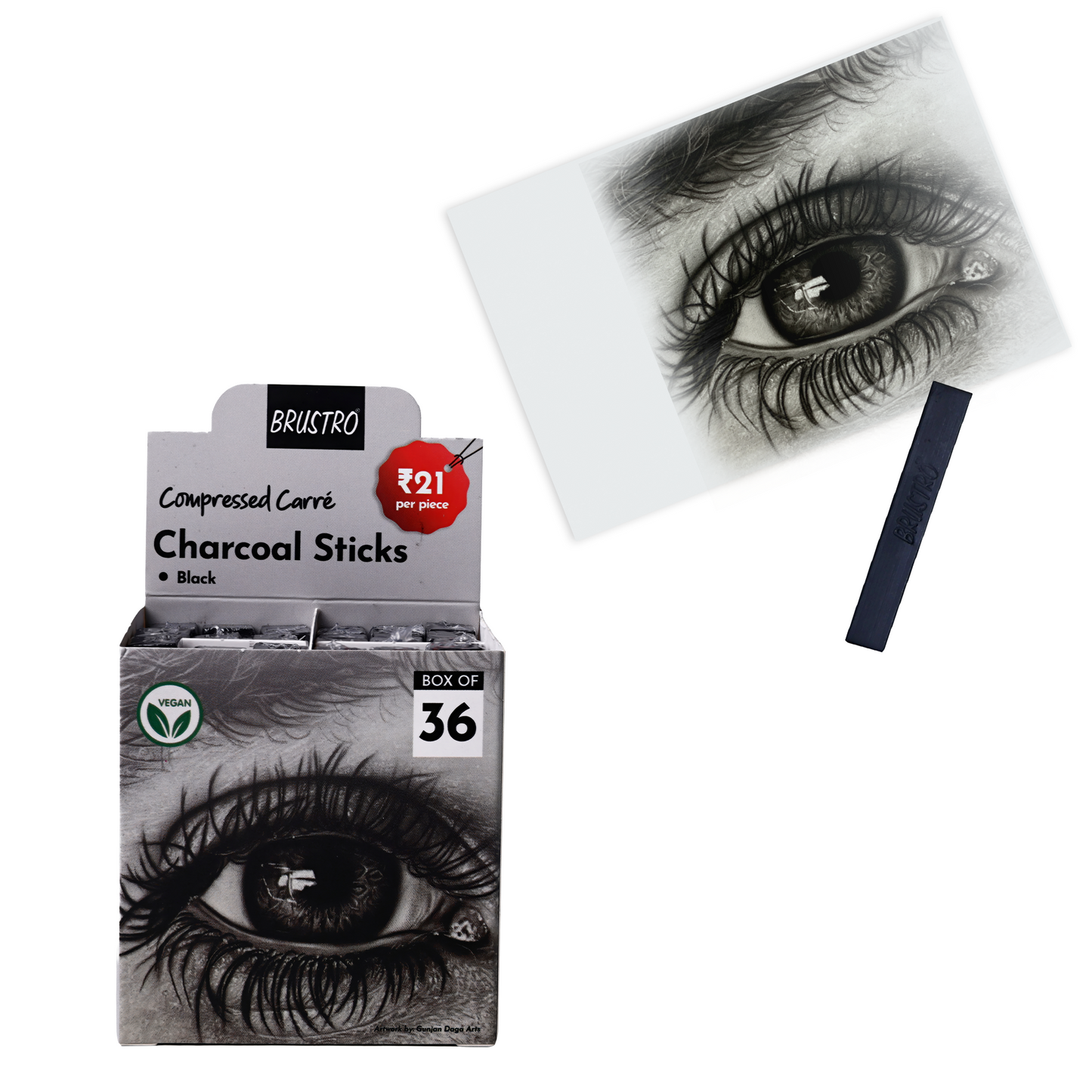 BRUSTRO Compressed Carre Charcoal Sticks, Box of 36 (Black) | Ideal for Portrait Charcoal Art, Sketching, Shading, Blending, Drawing, Craft, Professional use.