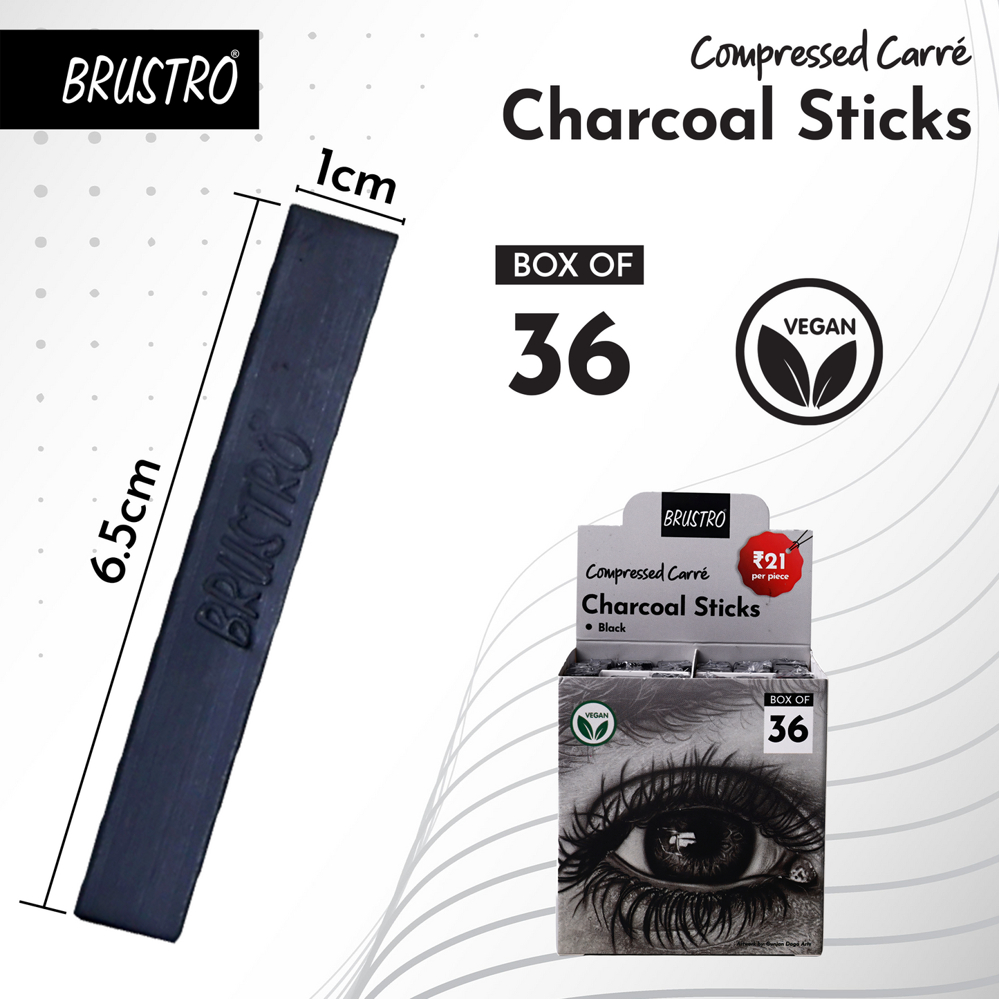 BRUSTRO Compressed Carre Charcoal Sticks, Box of 36 (Black) | Ideal for Portrait Charcoal Art, Sketching, Shading, Blending, Drawing, Craft, Professional use.