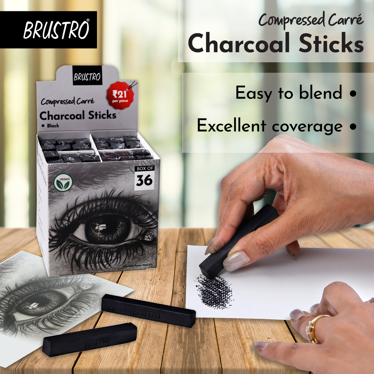 BRUSTRO Compressed Carre Charcoal Sticks, Box of 36 (Black) | Ideal for Portrait Charcoal Art, Sketching, Shading, Blending, Drawing, Craft, Professional use.
