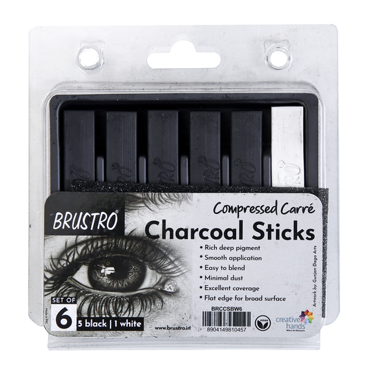 BRUSTRO Compressed Carre Charcoal Sticks - Set of 6 (5 Black & 1 White Stick) | Ideal for Charcoal works, Sketching, Shading, Blending, Drawing, Art, Craft, Professional use.