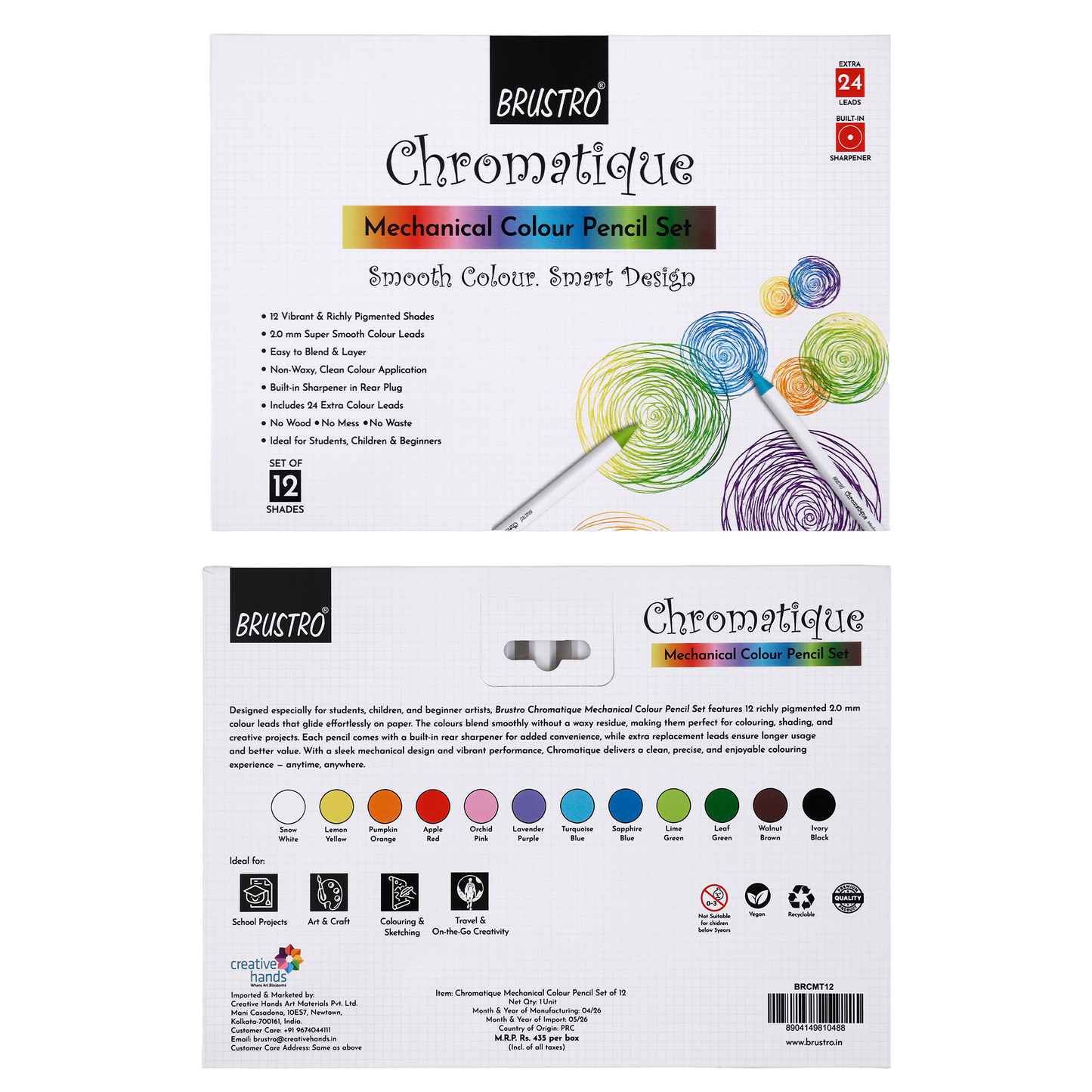 BRUSTRO Chromatique Mechanical Colour Pencil - 2mm, Set of 12 Shades| Built-in Sharpener With 24 Refill Color Leads, Ideal for Writing, Drawing, Sketching, Colouring, Journaling & Creative Projects