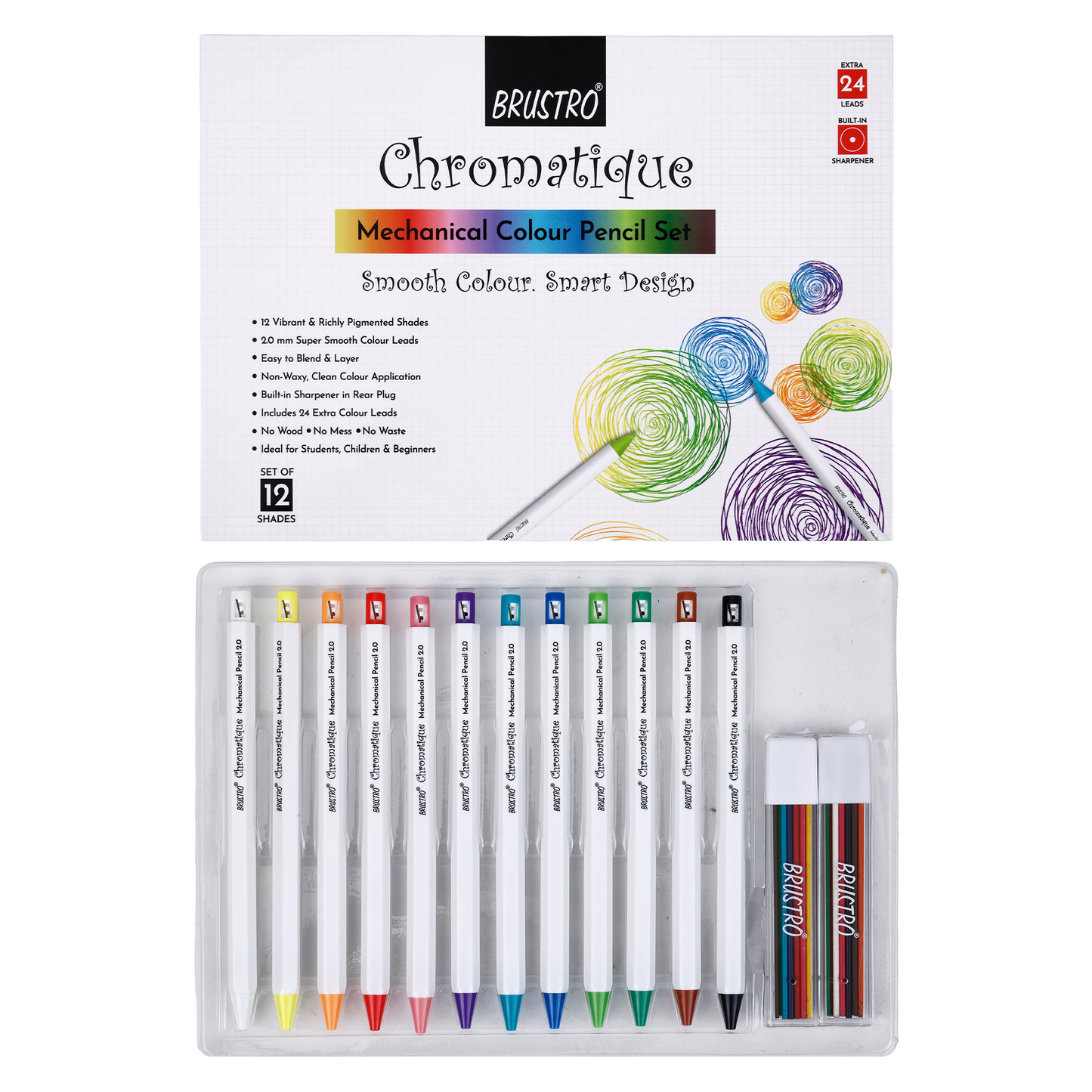 BRUSTRO Chromatique Mechanical Colour Pencil - 2mm, Set of 12 Shades| Built-in Sharpener With 24 Refill Color Leads, Ideal for Writing, Drawing, Sketching, Colouring, Journaling & Creative Projects
