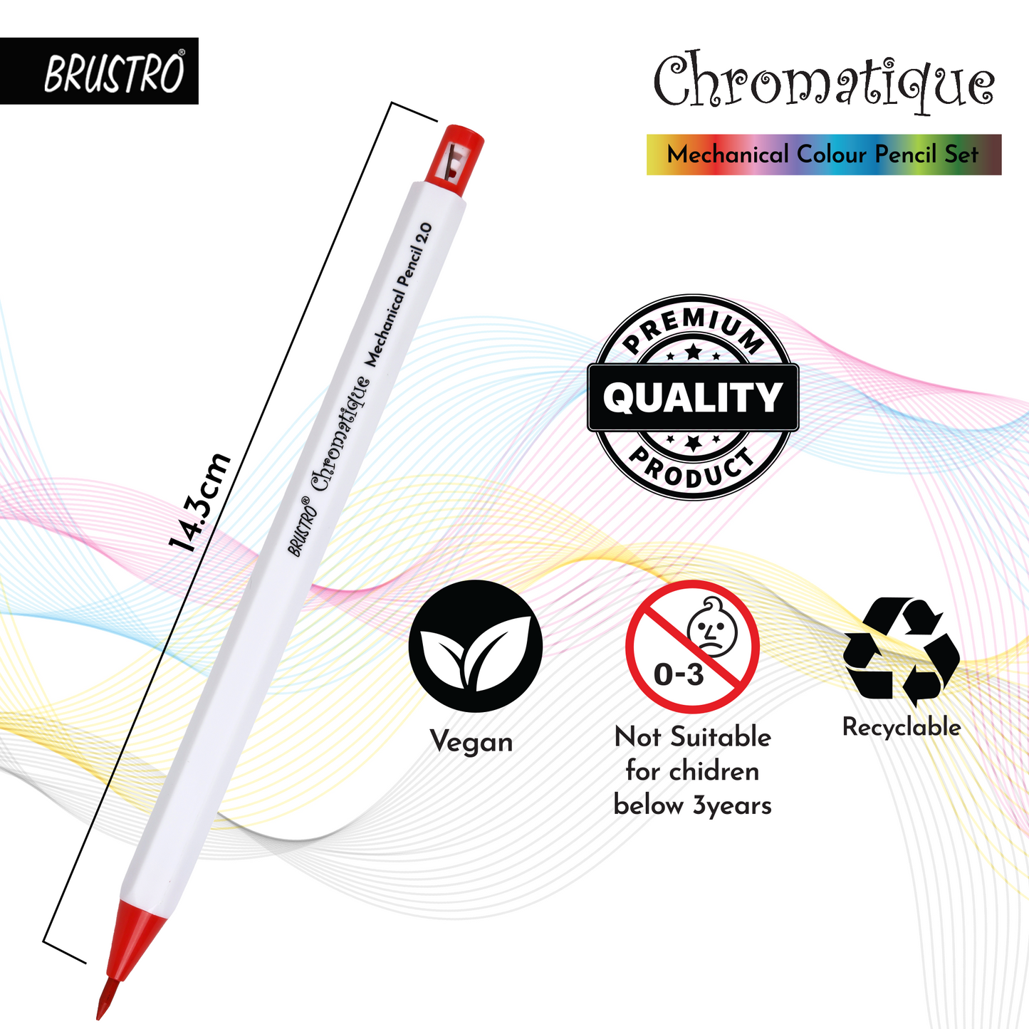 BRUSTRO Chromatique Mechanical Colour Pencil - 2mm, Set of 12 Shades With Studio Drawing Book, Blank 80 Pages, Wiro Bound, A5 (5.8x8.3 inches), 140 GSM, Perforated Sheets, Acid-Free Paper