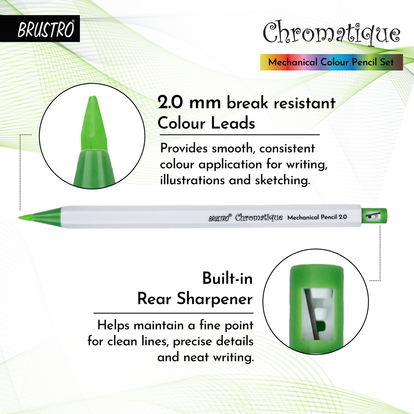BRUSTRO Chromatique Mechanical Colour Pencil - 2mm, Set of 12 Shades| Built-in Sharpener With 24 Refill Color Leads, Ideal for Writing, Drawing, Sketching, Colouring, Journaling & Creative Projects