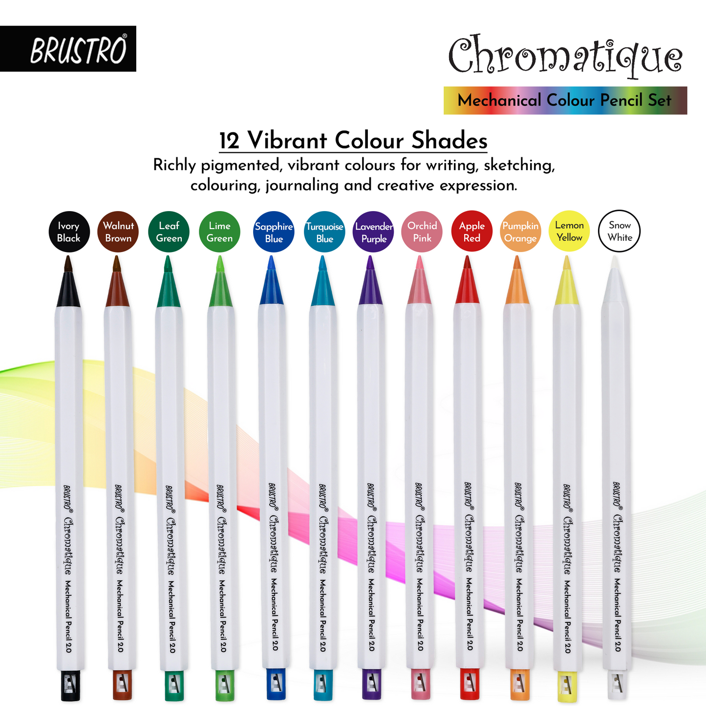 BRUSTRO Chromatique Mechanical Colour Pencil - 2mm, Set of 12 Shades With Studio Drawing Book, Blank 80 Pages, Wiro Bound, A5 (5.8x8.3 inches), 140 GSM, Perforated Sheets, Acid-Free Paper