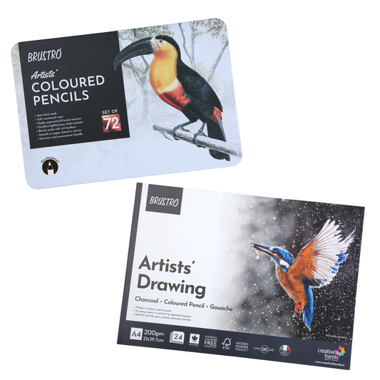 BRUSTRO Artists Colour Pencil Set of 72 (in Elegant tin Box) with Drawing Glued Pad