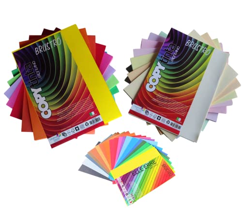 BRUSTRO Copytinta Coloured Craft Paper A4 Size 80 GSM Bright & Soft Colour 80 Sheets (10 cols Each of Bright and Soft X 4 Sheets). With Elle Erre card stock A5, 220 GSM,Pack of 24 Shades X 2 Sheets.