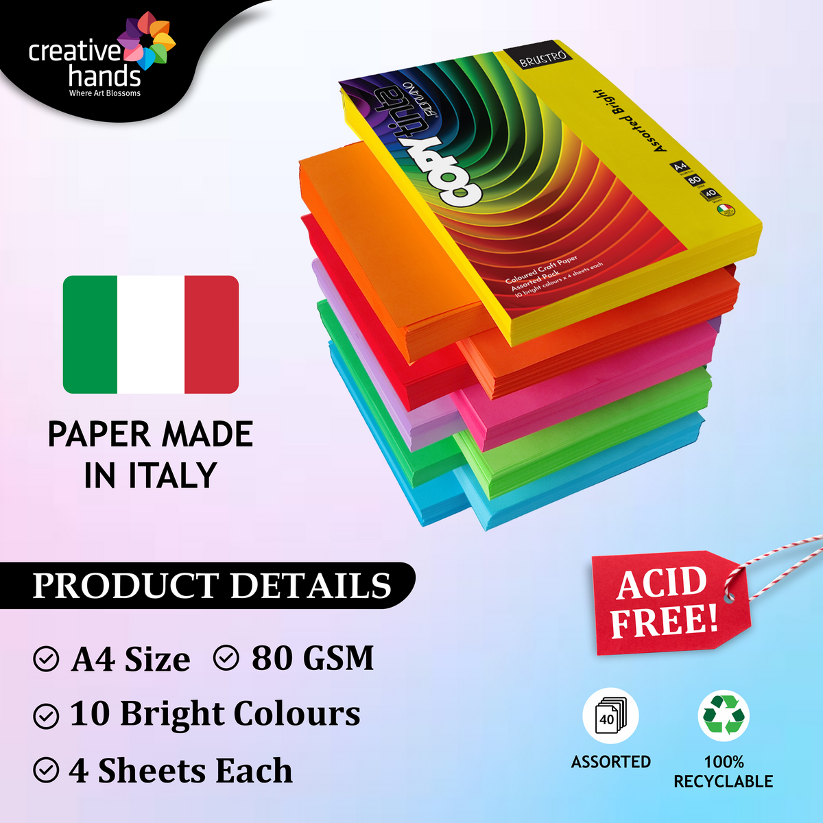 BRUSTRO Power Grip Glue Stick 8g, Pack of 3 With Copytinta Mixed Bright Colour Craft Paper, 80 GSM, A4 Size, Pack of 40 Sheets|Ideal for DIY Art & Crafts, Scrapbooking, Origami & Card Making