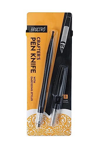 BRUSTRO Crafters Pen Knife with Embossing Stylus | 8 Blade Refills included | Lightweight, Textured Grip, Ideal for DIY Crafts, Intricate Designs, Paper Craft, Origami, Sharpening, Cutting Pencils