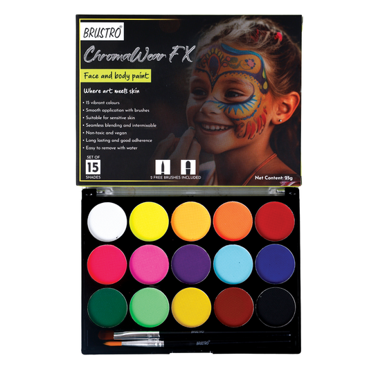 Brustro ChromaWear FX Face & Body Paint| 25g,Set of 15 Vibrant Shades|Includes 2 Free Brushes,Skin-Safe,Non-Toxic,Vegan|Face Art,Cosplay,Festivals and Stage Play for Adult and Kids (Above 3 Years old)