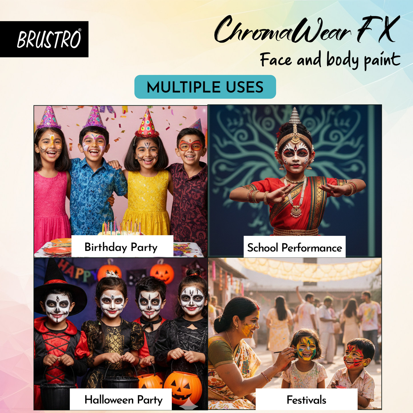 Brustro ChromaWear FX Face & Body Paint| 25g,Set of 15 Vibrant Shades|Includes 2 Free Brushes,Skin-Safe,Non-Toxic,Vegan|Face Art,Cosplay,Festivals and Stage Play for Adult and Kids (Above 3 Years old)