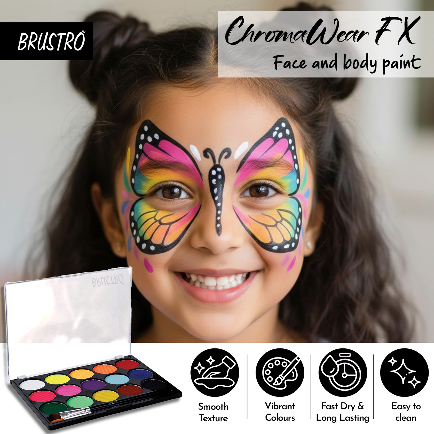 Brustro ChromaWear FX Face & Body Paint| 25g,Set of 15 Vibrant Shades|Includes 2 Free Brushes,Skin-Safe,Non-Toxic,Vegan|Face Art,Cosplay,Festivals and Stage Play for Adult and Kids (Above 3 Years old)