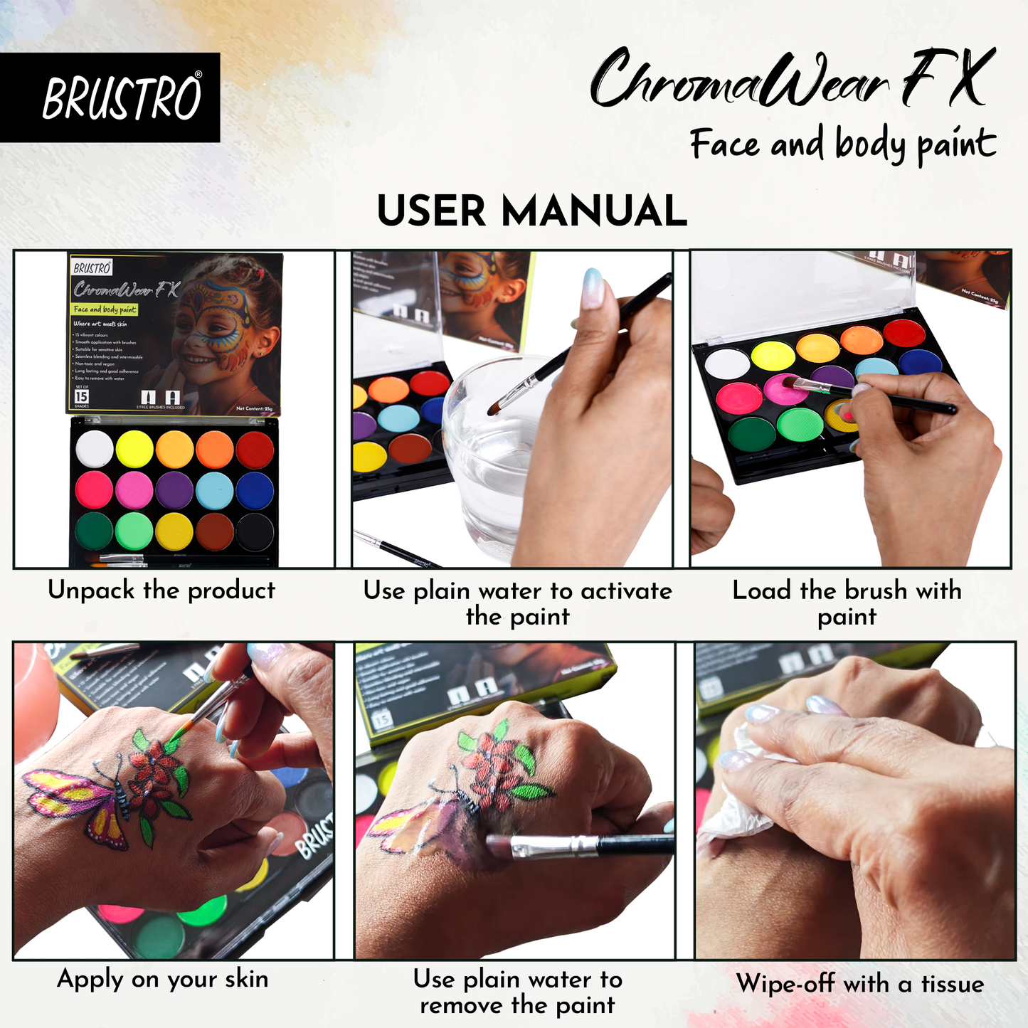 Brustro ChromaWear FX Face & Body Paint| 25g,Set of 15 Vibrant Shades|Includes 2 Free Brushes,Skin-Safe,Non-Toxic,Vegan|Face Art,Cosplay,Festivals and Stage Play for Adult and Kids (Above 3 Years old)