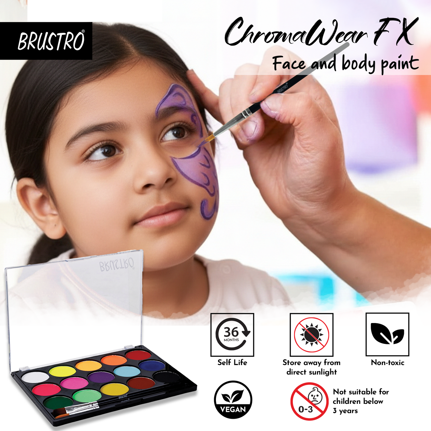 Brustro ChromaWear FX Face & Body Paint| 25g,Set of 15 Vibrant Shades|Includes 2 Free Brushes,Skin-Safe,Non-Toxic,Vegan|Face Art,Cosplay,Festivals and Stage Play for Adult and Kids (Above 3 Years old)