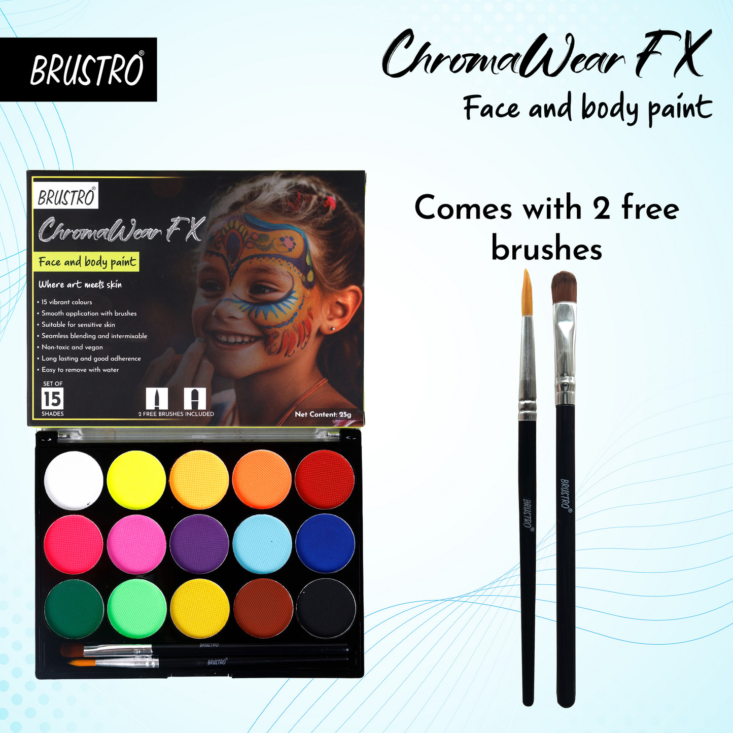 Brustro ChromaWear FX Face & Body Paint| 25g,Set of 15 Vibrant Shades|Includes 2 Free Brushes,Skin-Safe,Non-Toxic,Vegan|Face Art,Cosplay,Festivals and Stage Play for Adult and Kids (Above 3 Years old)