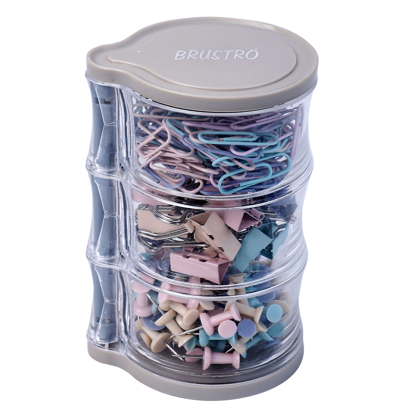 BRUSTRO Deskmate Rotational Clip Box | Includes 14 Binder Clips(19mm), 120 Paper Clips(28mm) & 90 Push Pins | Ideal for Home,Office Accessories,Desk Organizing,Stationery use,Reusable, Flexible