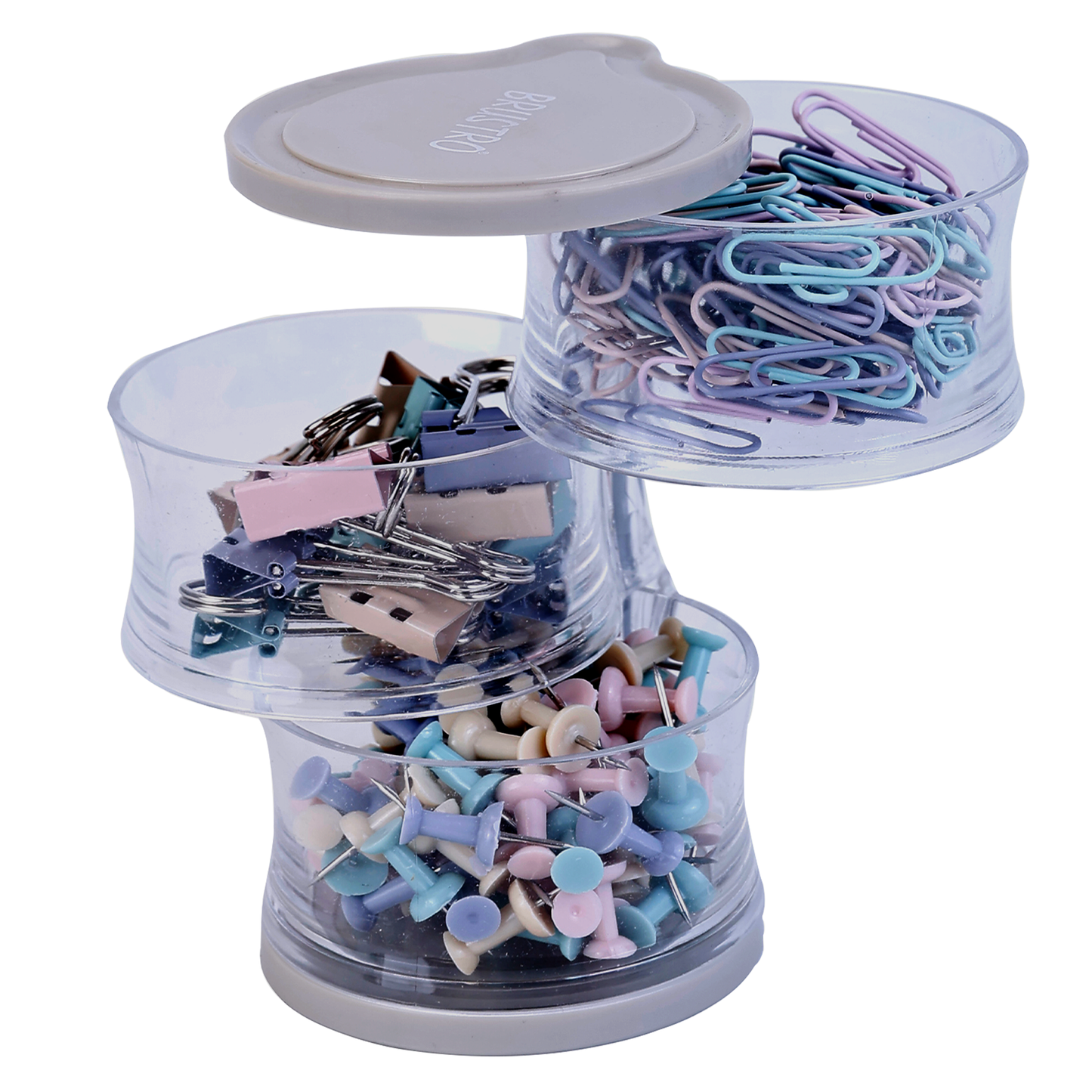 BRUSTRO Deskmate Rotational Clip Box | Includes 14 Binder Clips(19mm), 120 Paper Clips(28mm) & 90 Push Pins | Ideal for Home,Office Accessories,Desk Organizing,Stationery use,Reusable, Flexible