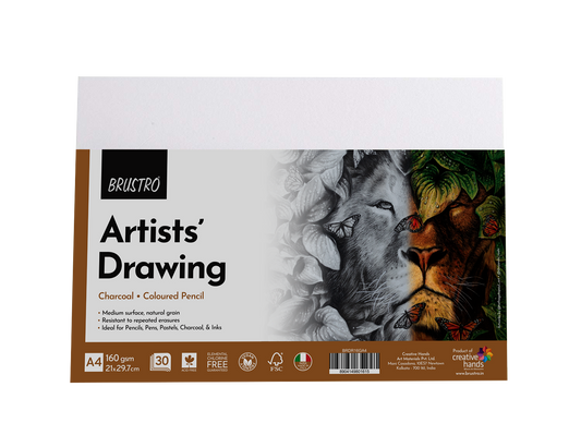 BRUSTRO Artist's Drawing Papers | 160 GSM, A4, Pack of 30 Sheets | Ideal for Students,Adults, Coloring, Art, Craft, Natural Grain, Graphite, Charcoal, Pastels, Sketching, Shading, Drawing and Portrait