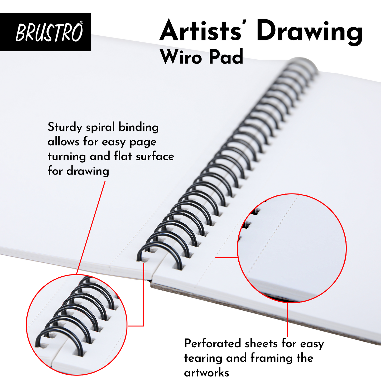 BRUSTRO Artist's Drawing Wiro Pad, 200 GSM, Size A5 (20+4 Free Sheets)| Acid Free,Medium Surface,Natural Grain| Ideal For Pencil,Charcoal,Pen,Pastel,Gouache,Ink,Fine Art Students and Professionals