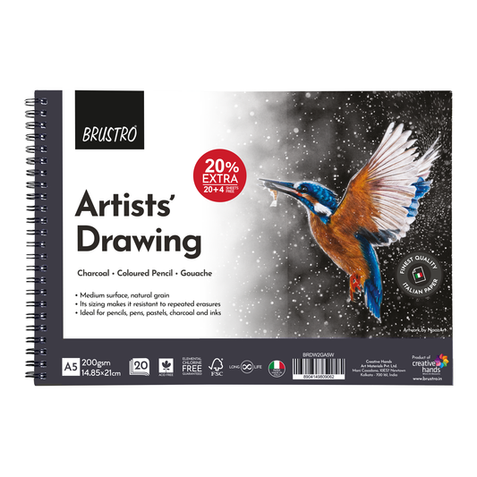 BRUSTRO Artist's Drawing Wiro Pad, 200 GSM, Size A5 (20+4 Free Sheets)| Acid Free,Medium Surface,Natural Grain| Ideal For Pencil,Charcoal,Pen,Pastel,Gouache,Ink,Fine Art Students and Professionals