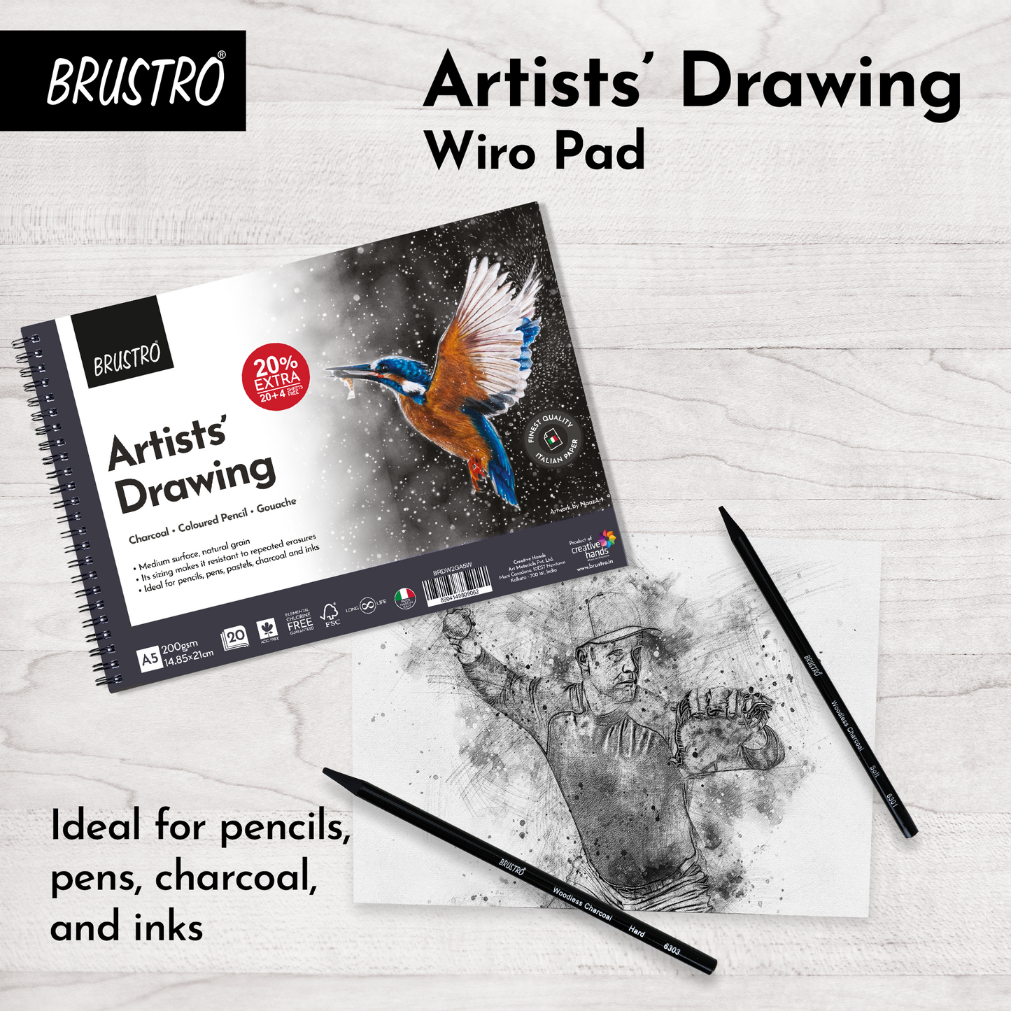 BRUSTRO Artist's Drawing Wiro Pad, 200 GSM, Size A5 (20+4 Free Sheets)| Acid Free,Medium Surface,Natural Grain| Ideal For Pencil,Charcoal,Pen,Pastel,Gouache,Ink,Fine Art Students and Professionals