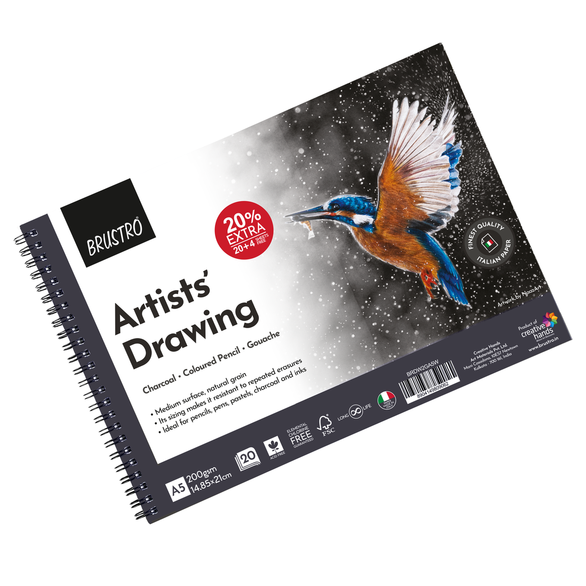 BRUSTRO Black & White Charcoal Set of 13 Pcs in a Metal Box With Artist's Drawing Wiro Pad, 200 GSM, A5, 24 Sheets