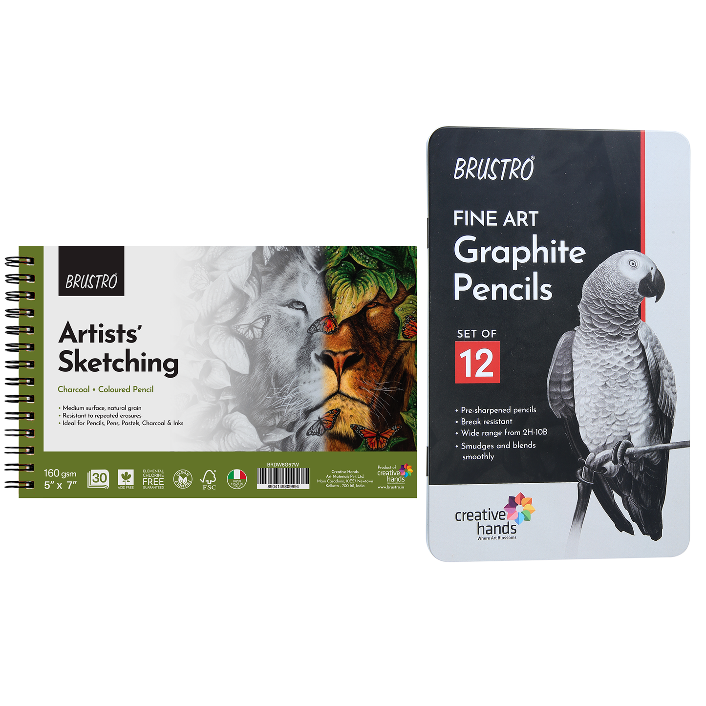 Brustro Sketching Wiro Pad,5x7 inches,160 GSM,30 Sheets with Graphite Pencil set of 12 (10B–2H)Tin Box. Sketch and Drawing Gift